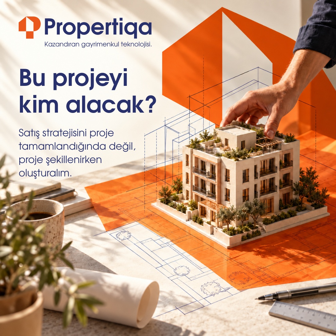 Propertiqa mimari proje ve turuncu marka kompozisyonu